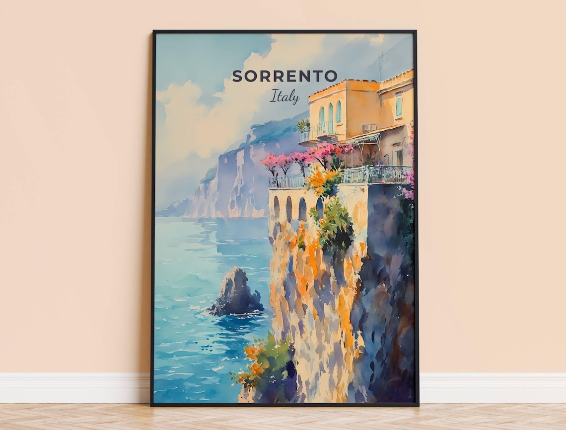 Sorrento Italy Watercolor Rocky Cliffs Pink Blossoms Sea Art Poster