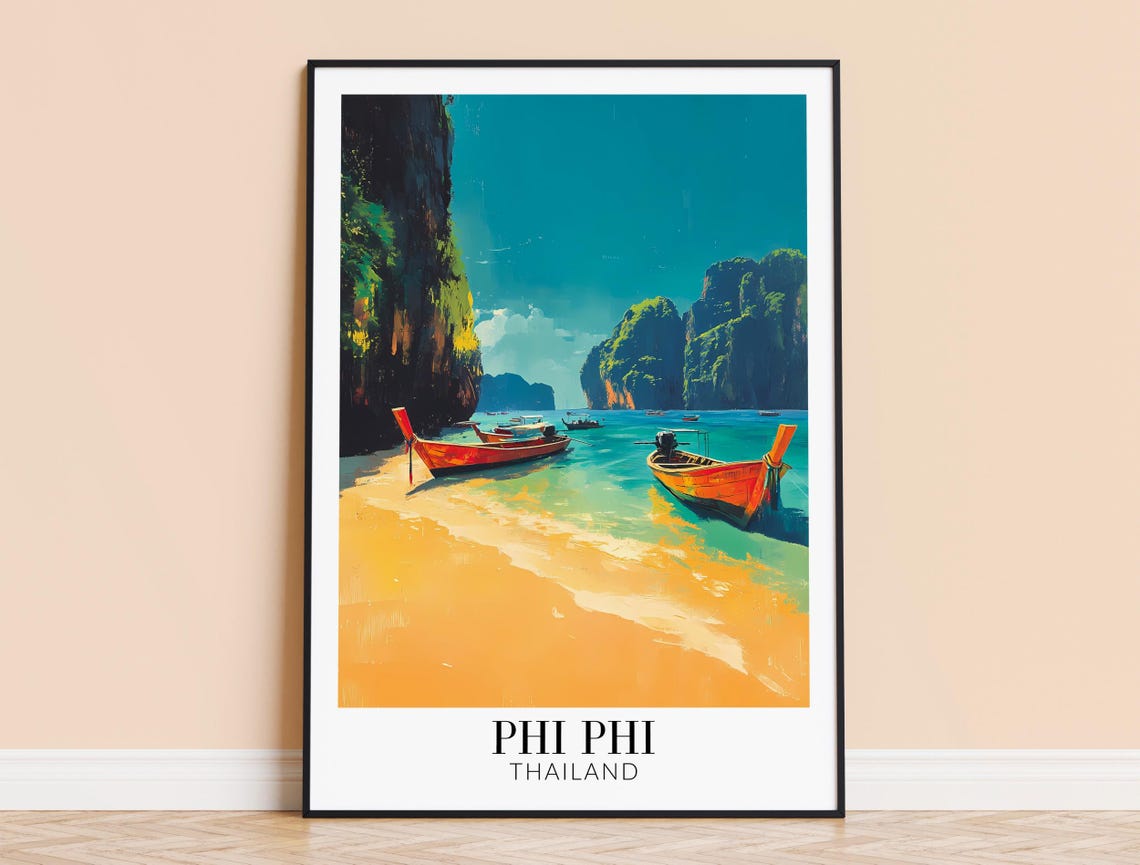 Phi Phi Thailand Longtail Boats Golden Beach Dramatic Cliffs Poster