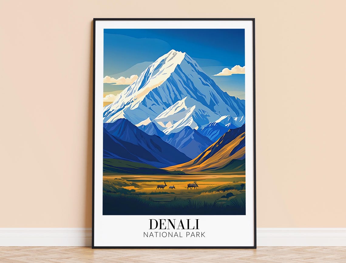 Denali National Park Snowy Mountain Peak Caribou Meadow Travel Poster