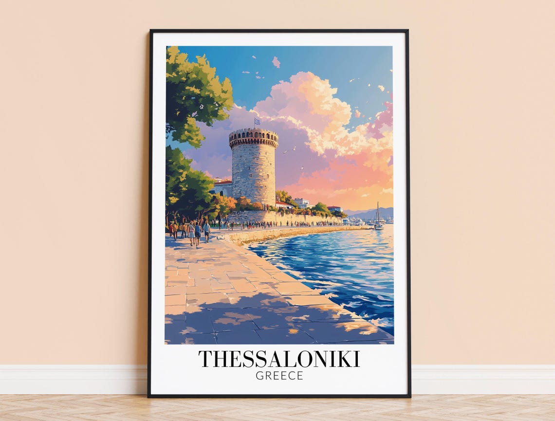 Thessaloniki Greece White Tower Promenade Daytime Travel Poster