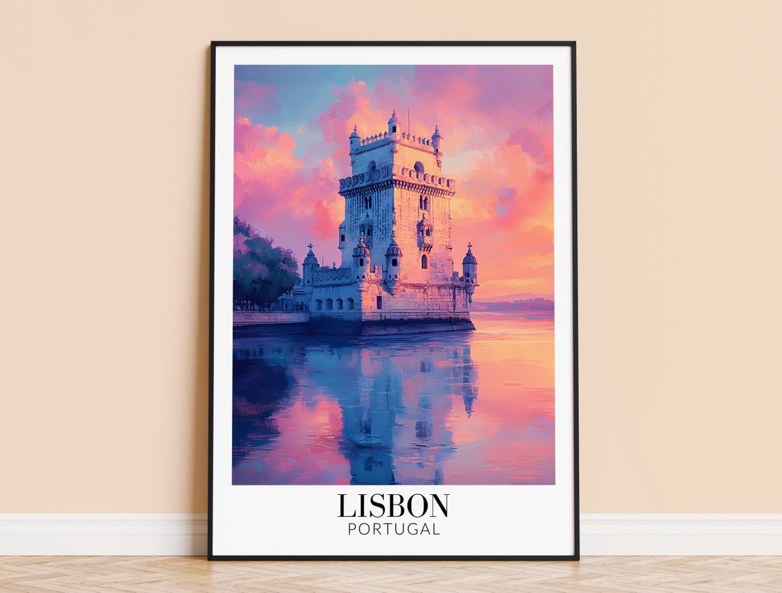 Lisbon Belem Tower Rosy Sunset River Reflection Travel Poster