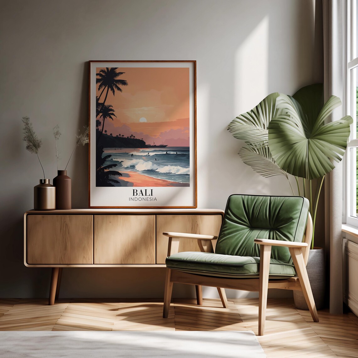 Bali Sunset Surf Beach Palm Silhouettes Waves Indonesia Poster - Image 2