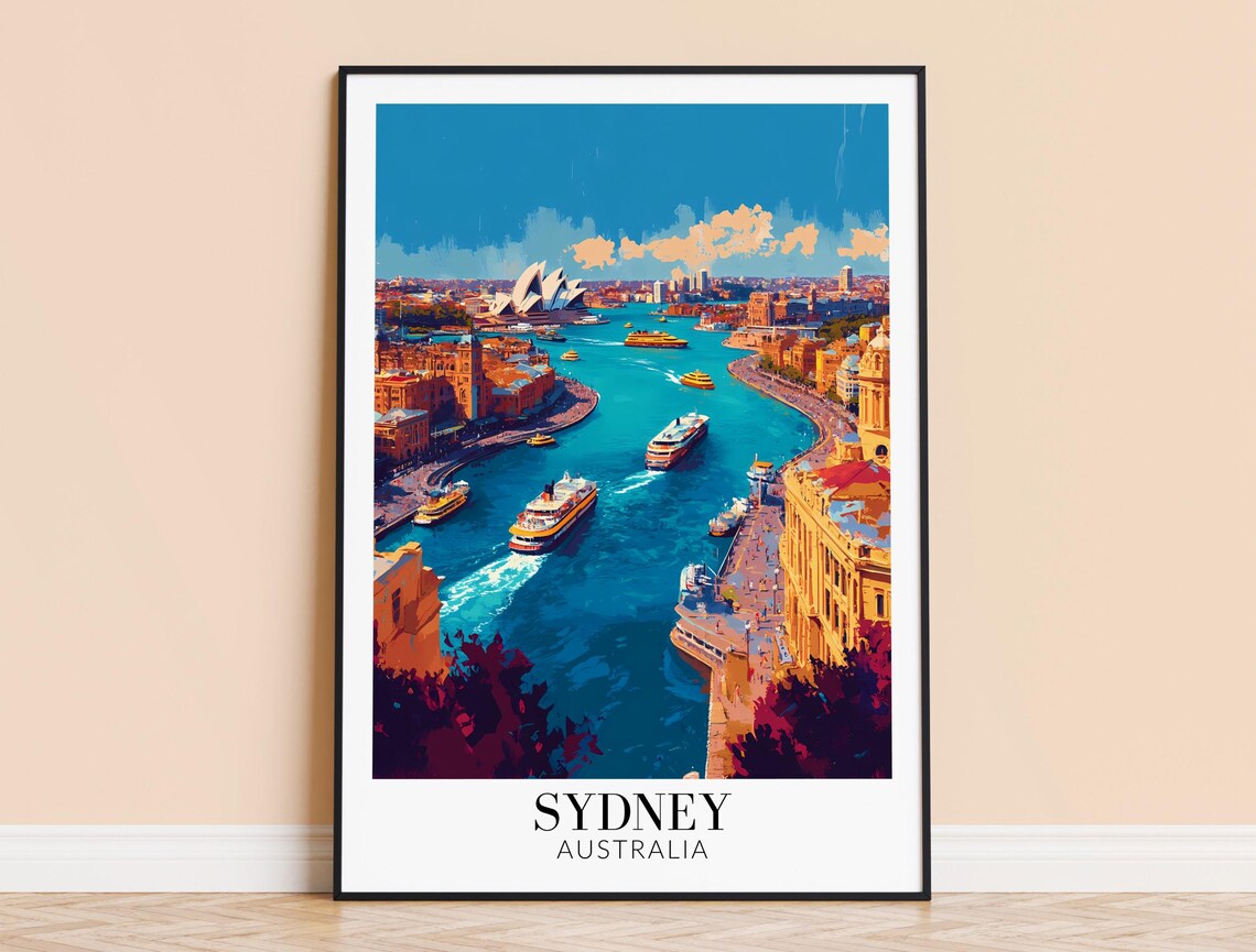 Sydney Harbour Colorful Ferries Aerial City Waterfront Travel Poster