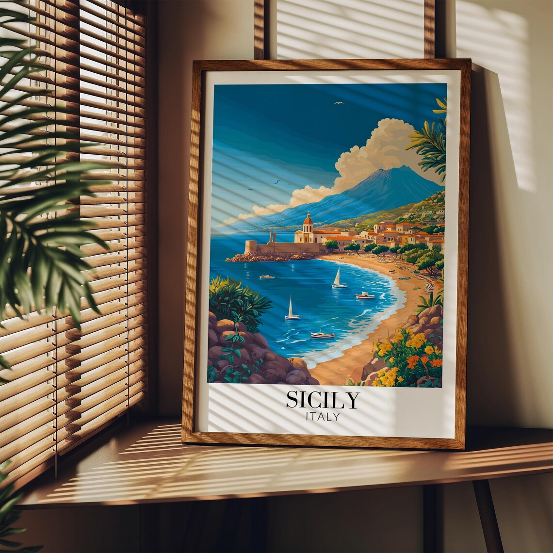 Sicily Coastal Fishing Town Church Beach Sailboats Travel Poster - Image 2