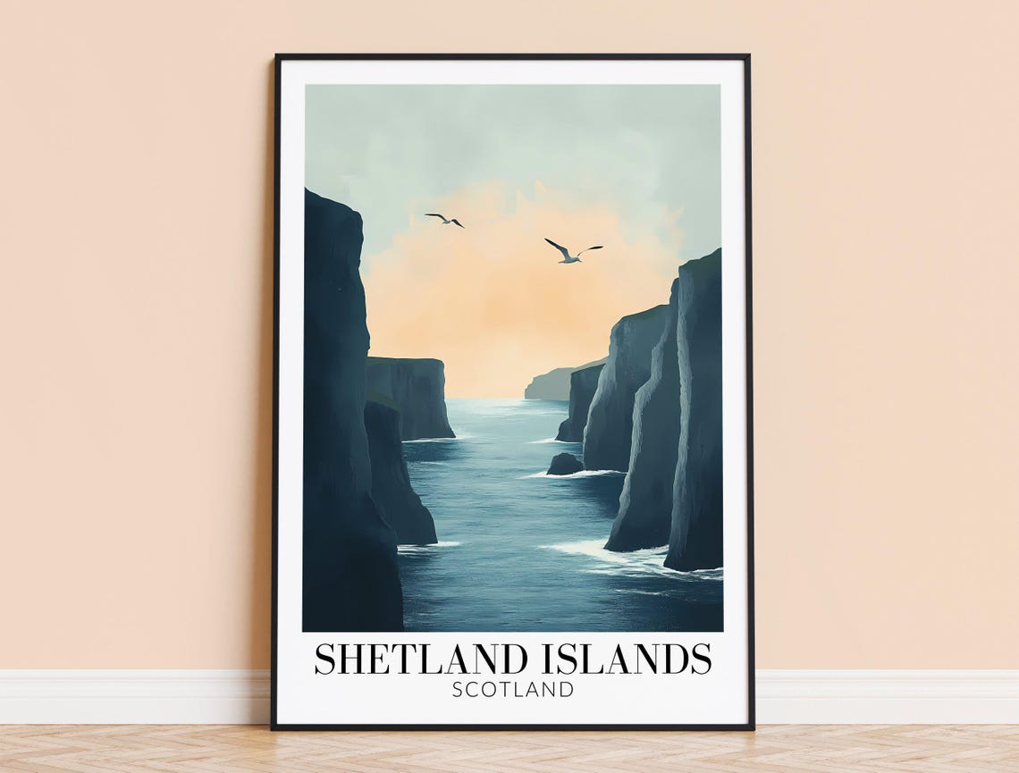 Shetland Islands Scotland Sea Cliffs Seabirds Sunset Travel Poster