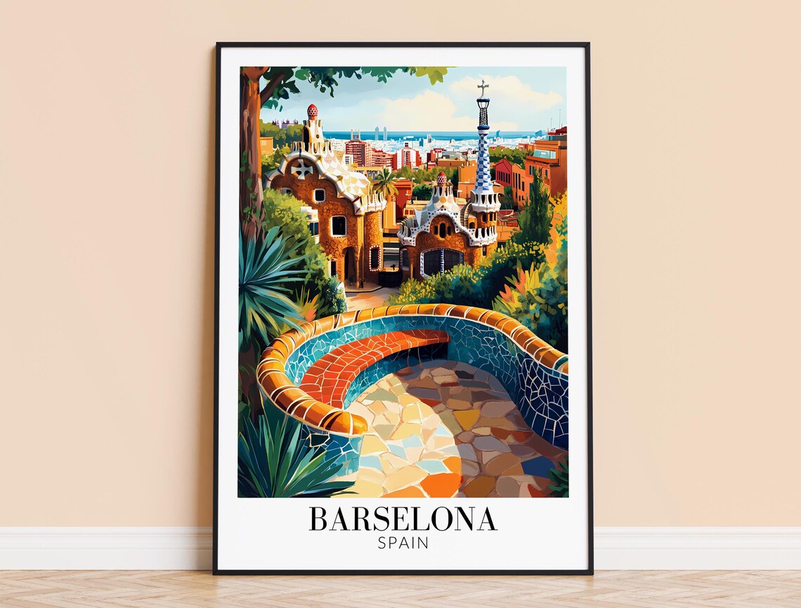Barcelona Spain Park Guell Mosaic Terrace Gaudi Travel Poster