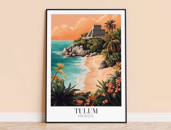 Tulum Mexico Mayan Temple Beach Paradise Sunset Travel Poster