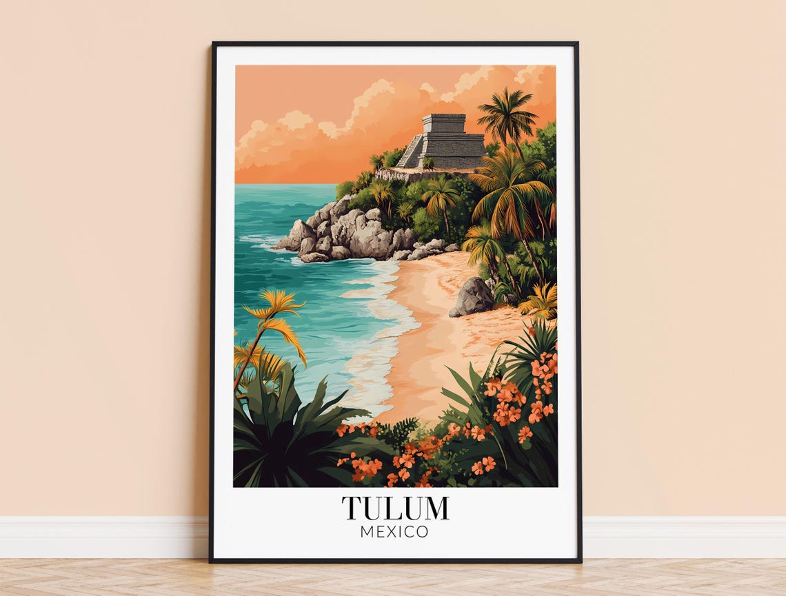 Tulum Mexico Mayan Temple Beach Paradise Sunset Travel Poster