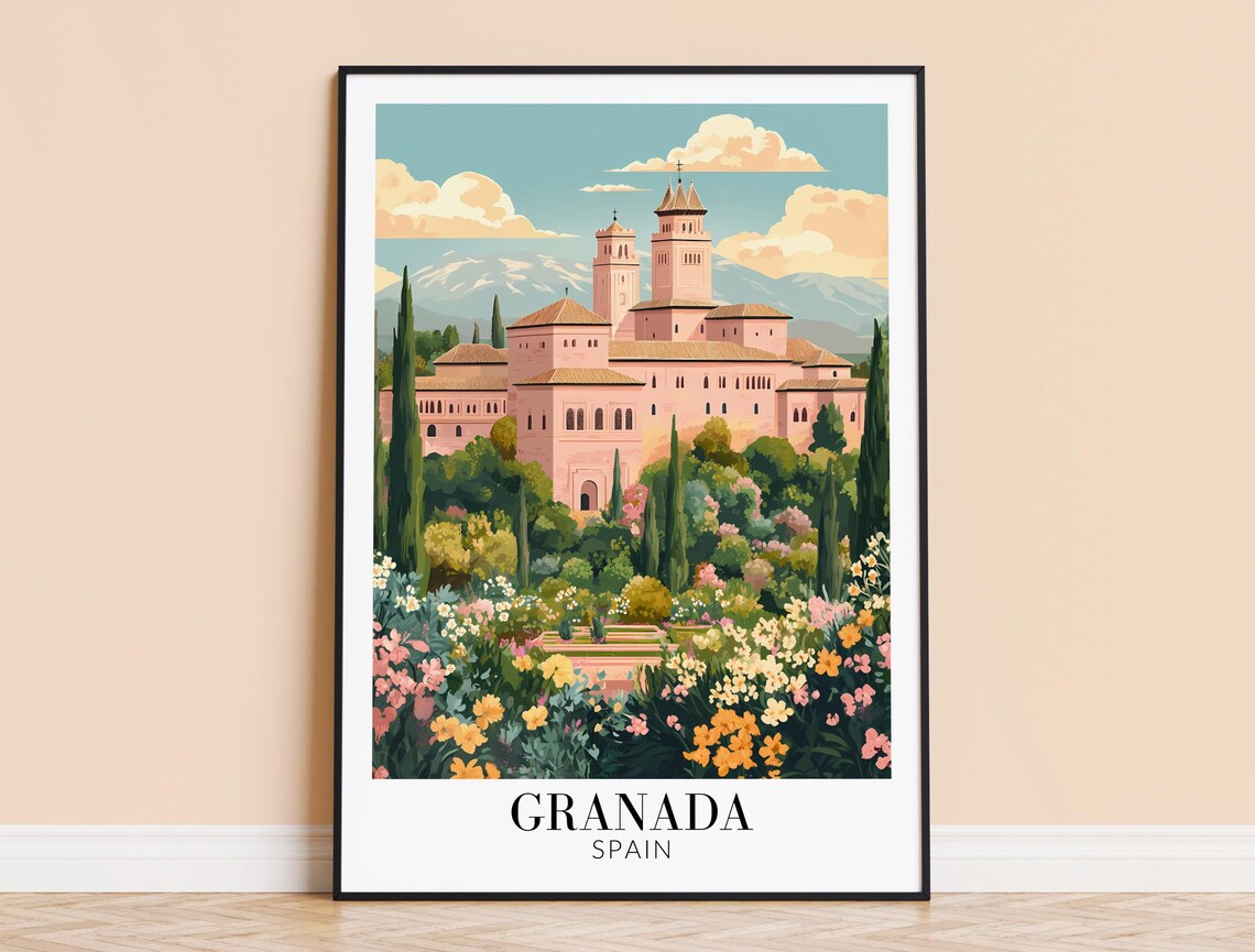 Granada Spain Alhambra Gardens Mountain View Spring Travel Poster