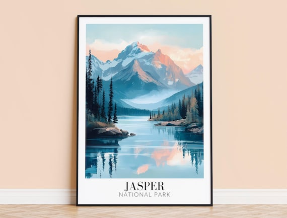 Jasper National Park Scenic Mountain Lake Reflection Travel Poster