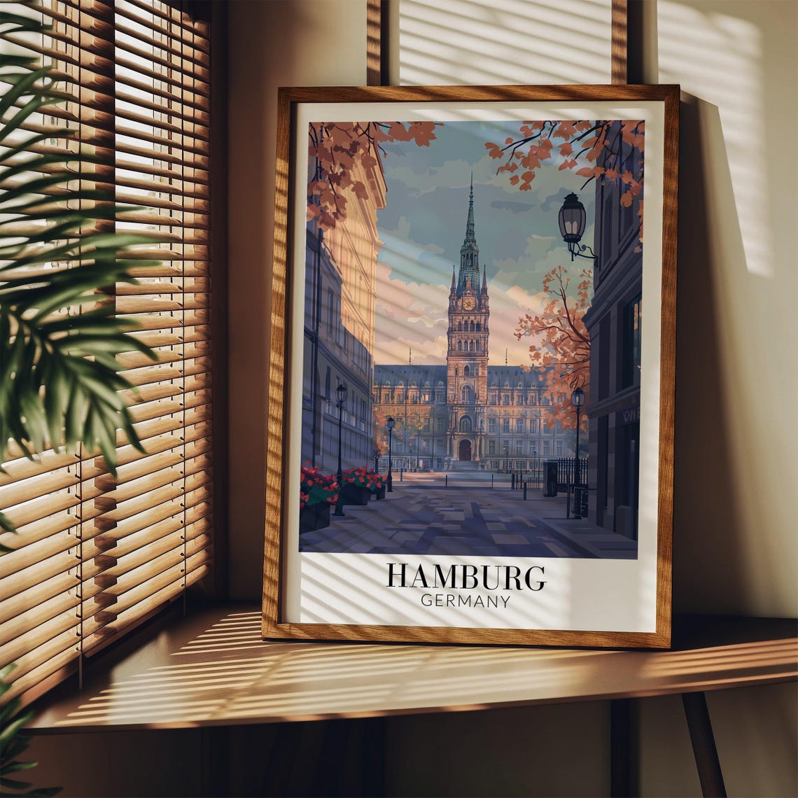 Hamburg Germany Rathaus Clock Tower Autumn Boulevard Scene Poster - Image 3