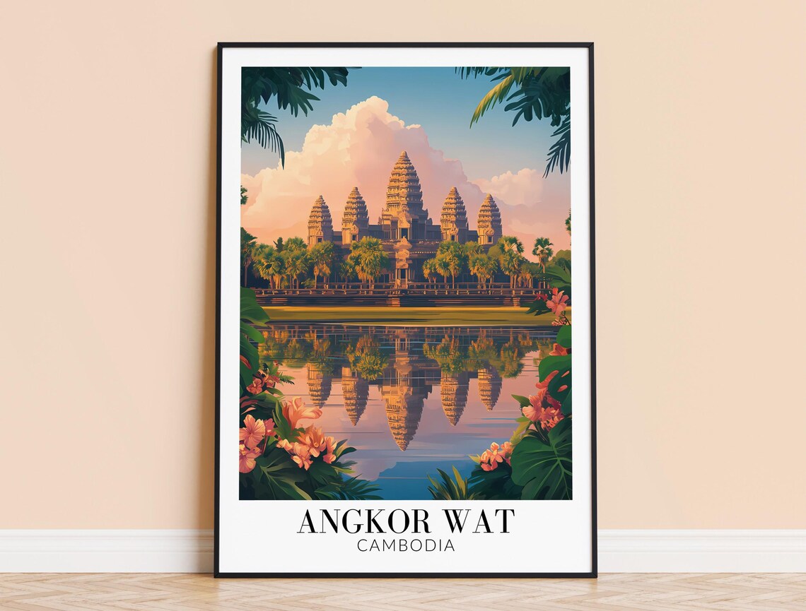 Angkor Wat Cambodia Five Towers Moat Reflection Flowers Poster