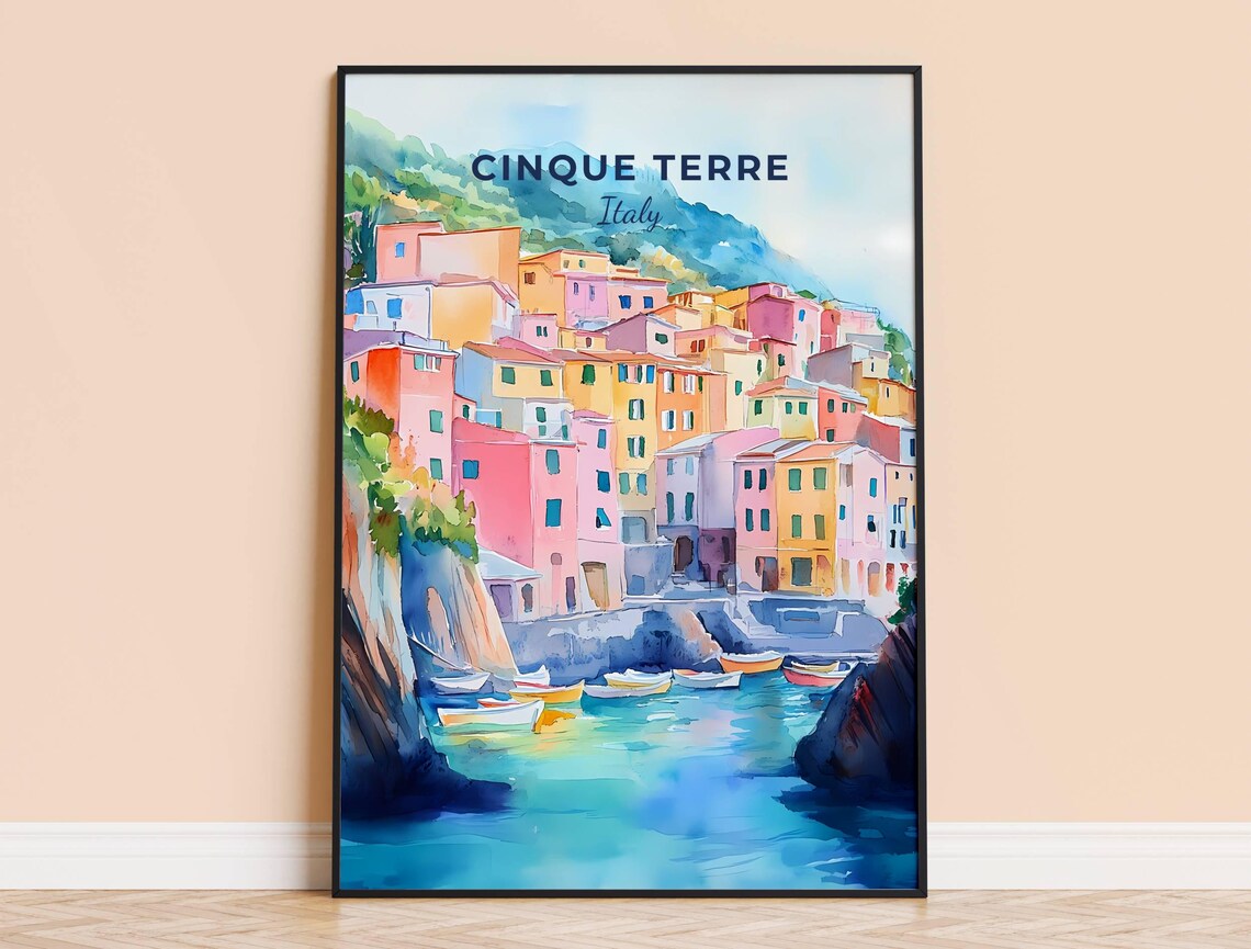 Cinque Terre Italy Colorful Cliffside Village Watercolor Poster