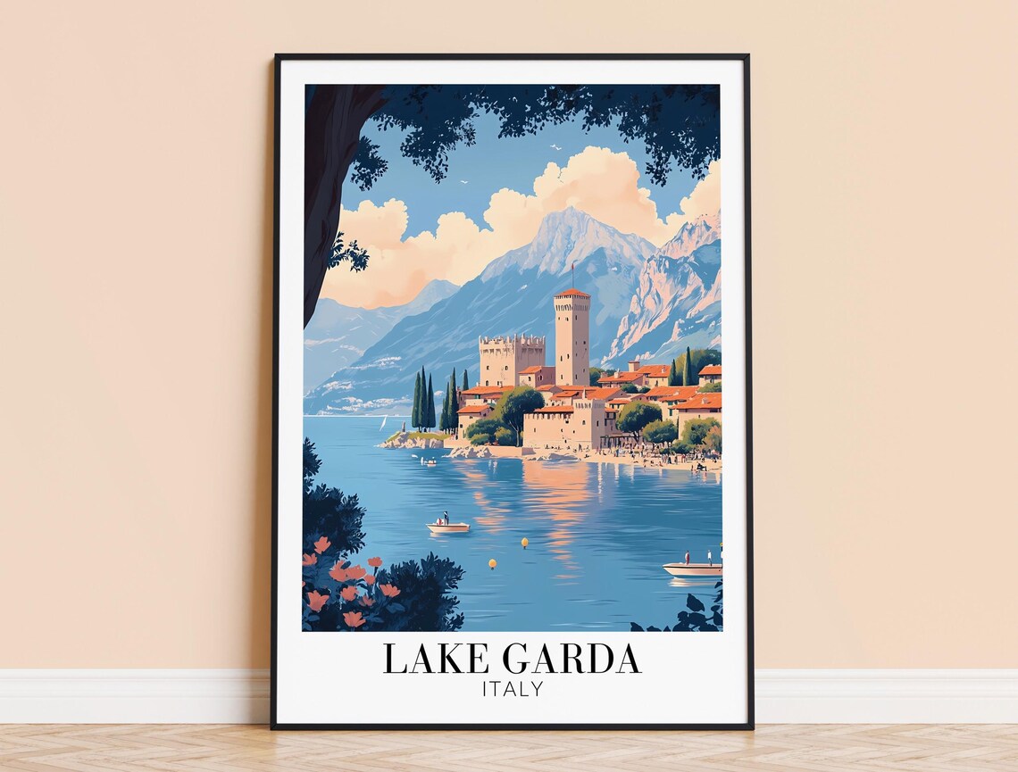 Lake Garda Italy Medieval Tower Lakeside Mountain Town Travel Poster