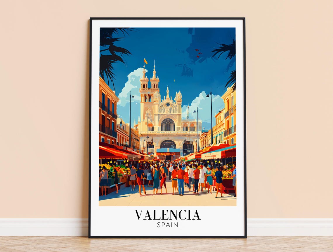 Valencia Spain Crowded Market Square Flower Stalls Day View Poster