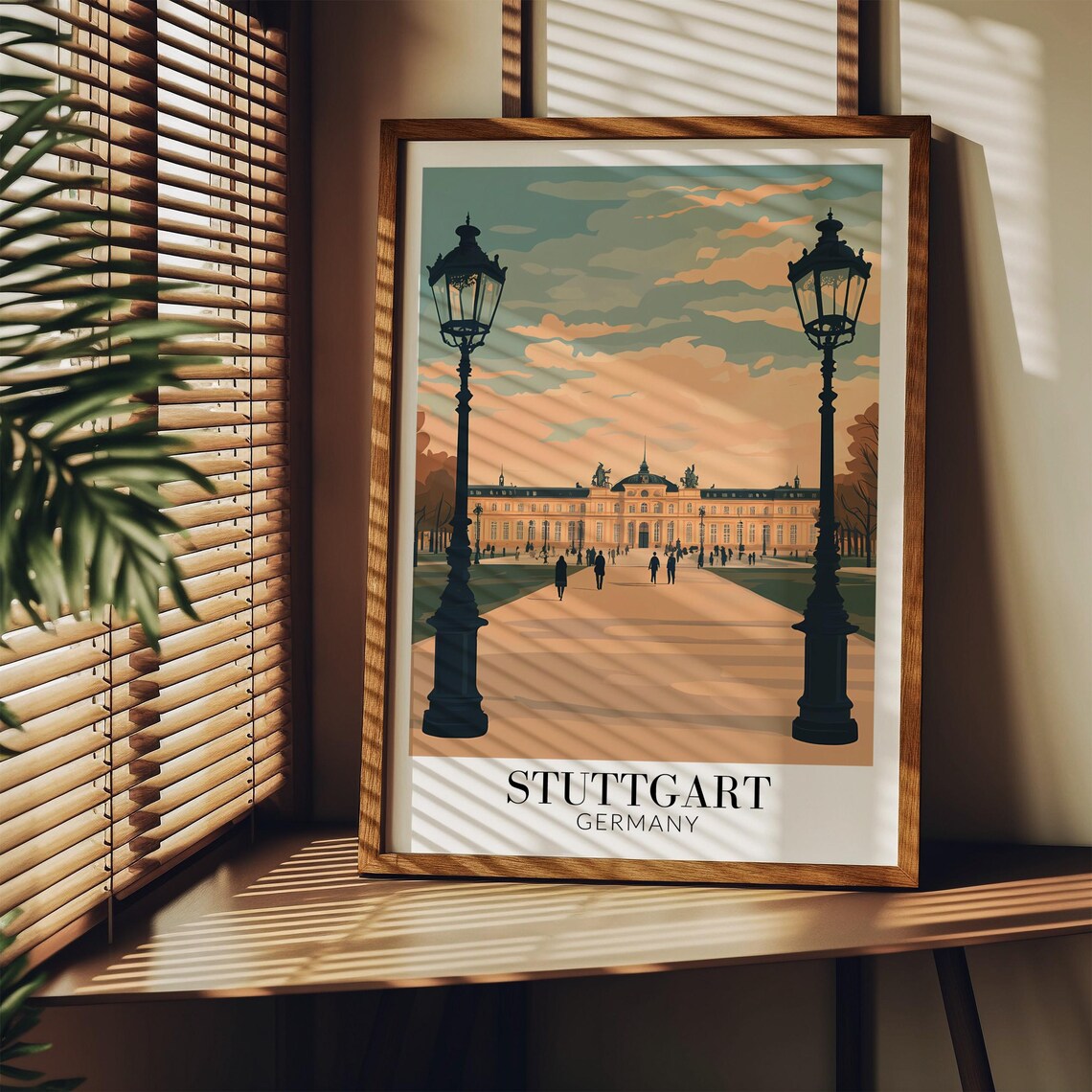 Stuttgart Palace Gardens Lamp Lit Avenue Vintage Travel Poster - Image 4
