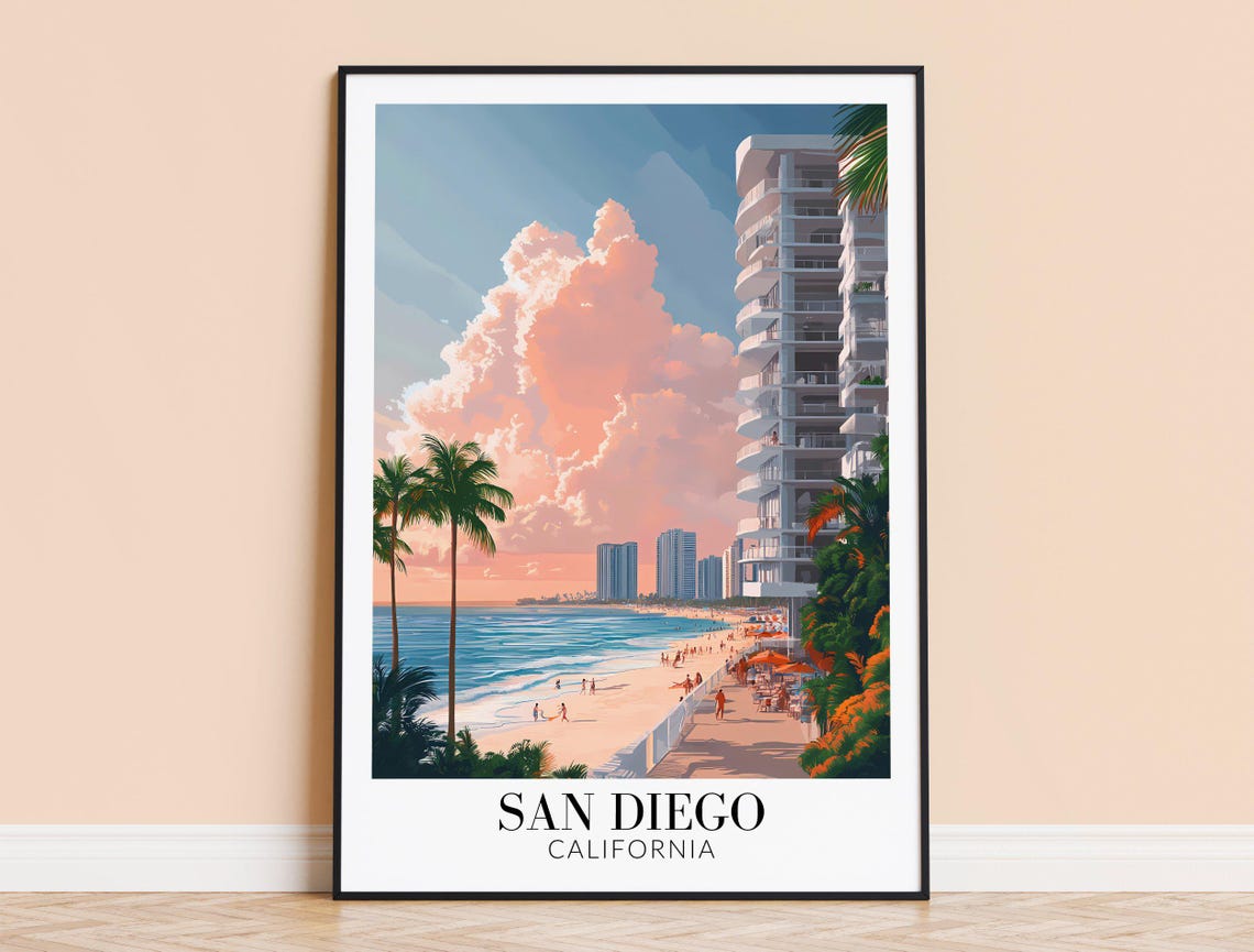 San Diego California Beach Towers Palm Trees Sunset Art Poster