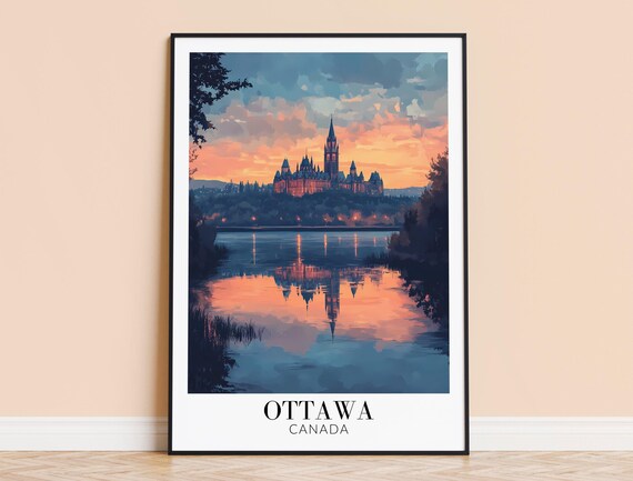 Ottawa Canada Parliament Hill Sunset Reflection Travel Poster
