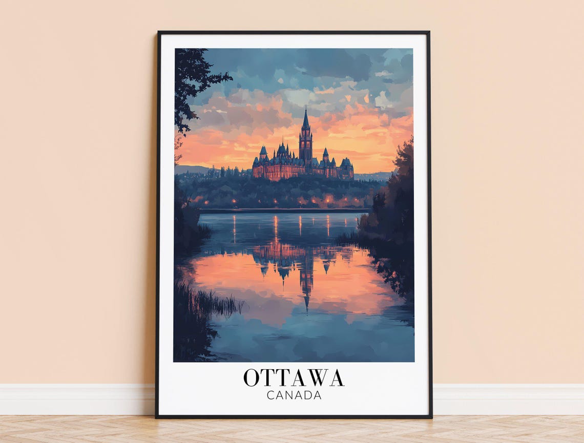 Ottawa Canada Parliament Hill Sunset Reflection Travel Poster