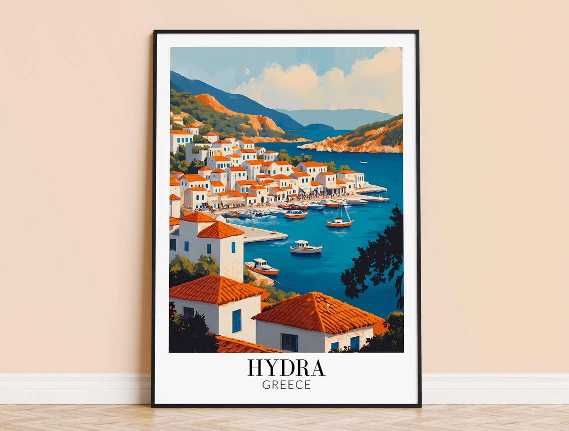 Hydra Greece Harbor Seaside White Houses Orange Roofs Island Poster