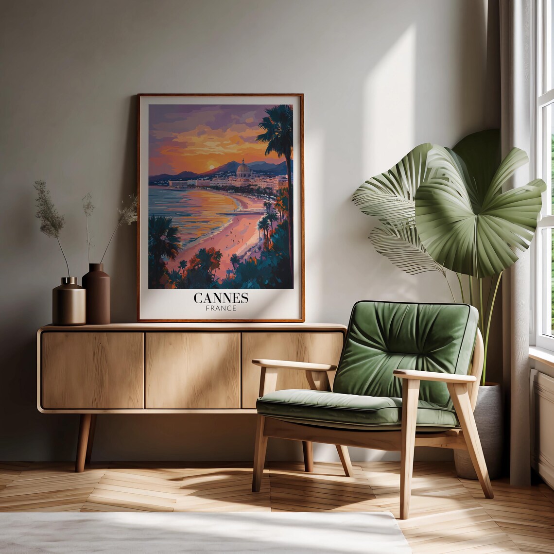 Cannes France Golden Sunset Beach Palm Silhouette Glow Poster - Image 2