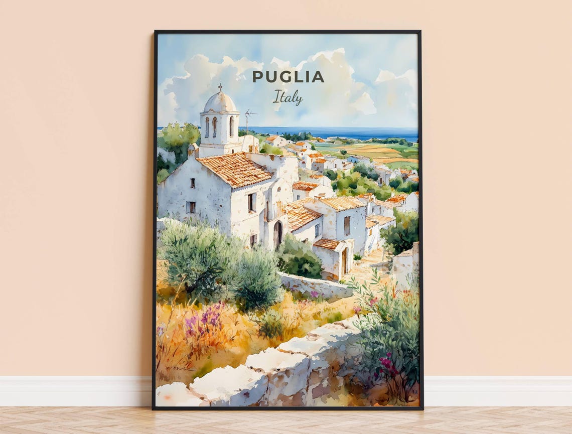 Puglia Italy Whitewashed Village Church Dome Watercolor Poster