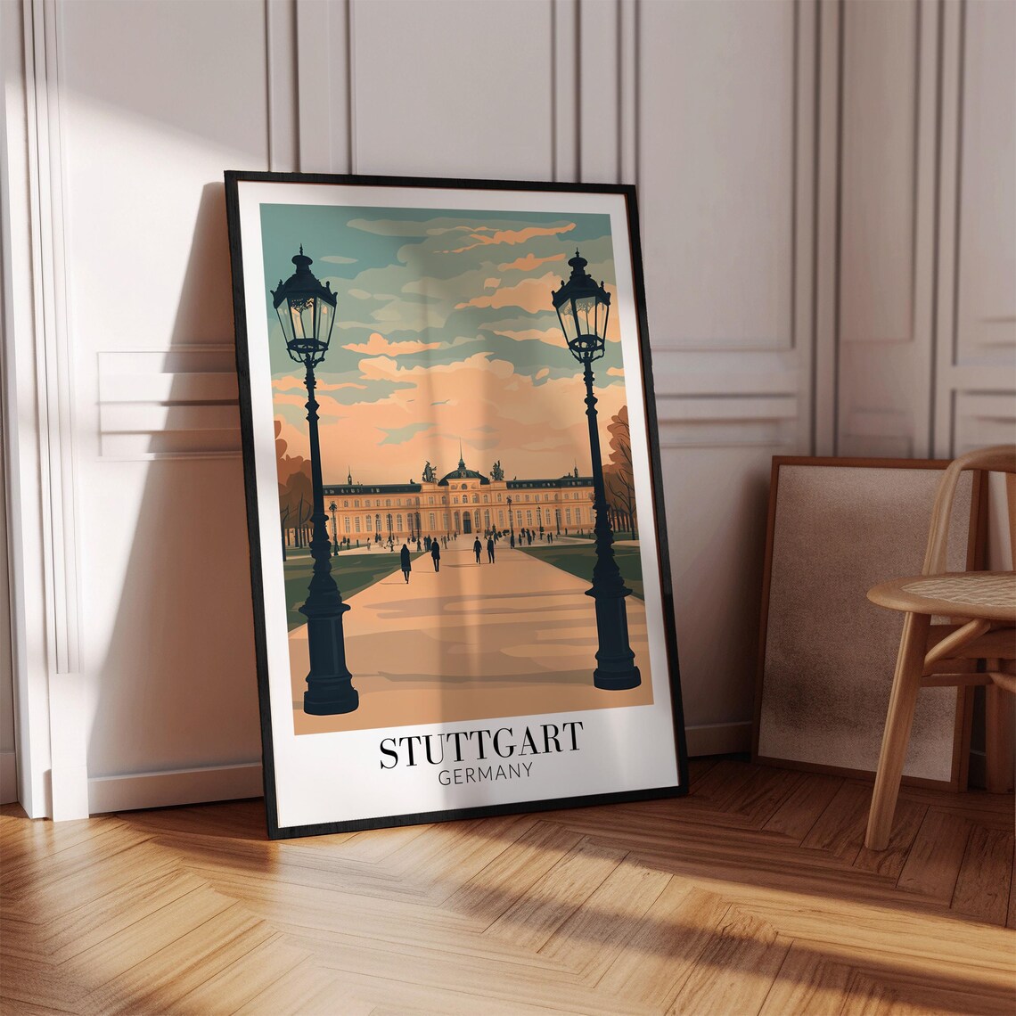 Stuttgart Palace Gardens Lamp Lit Avenue Vintage Travel Poster - Image 2