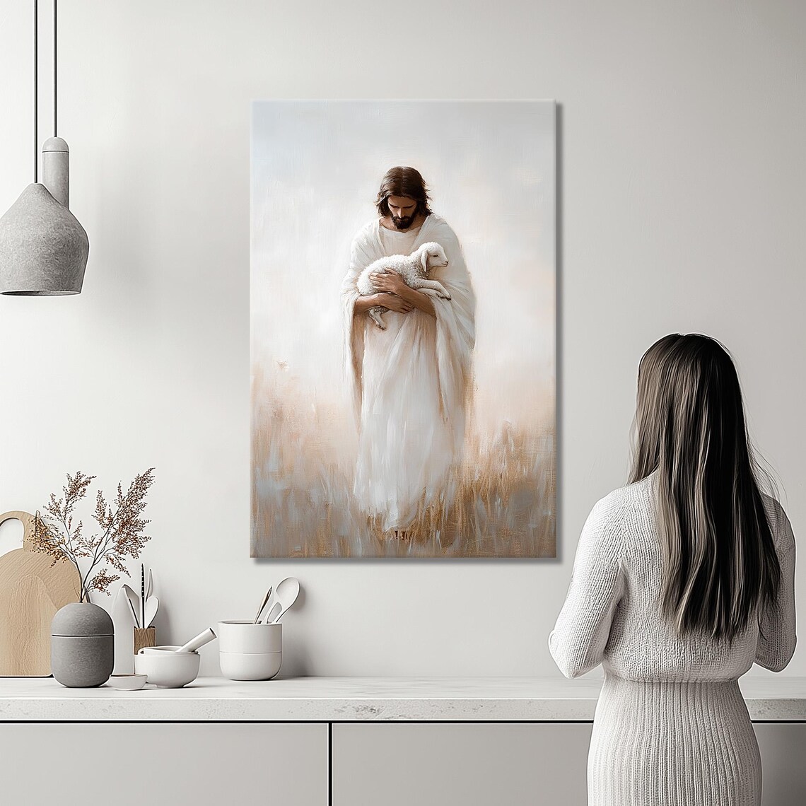 Jesus Christ Carrying Lamb In Golden Wheat Field Christian Poster - Image 3