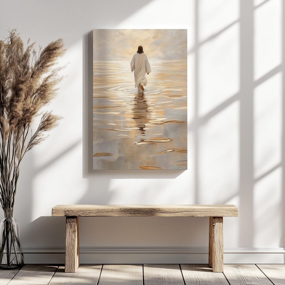 Jesus Christ Walking Away On Golden Water At Bright Sunrise Poster - Image 5