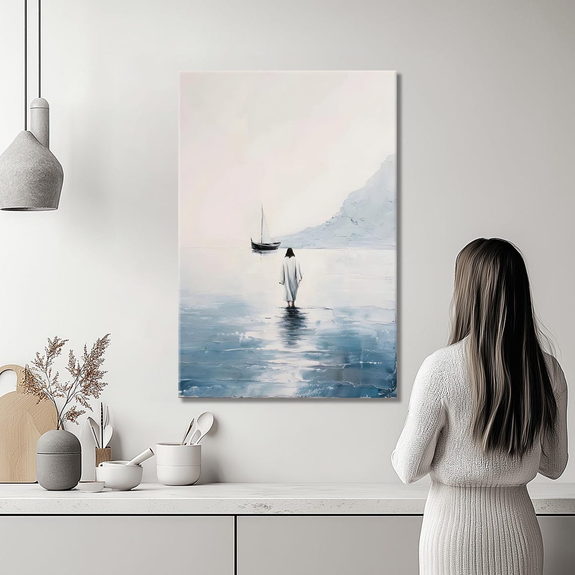 Minimalist Jesus Walking On Water Toward Sailboat Painting Poster - Image 4
