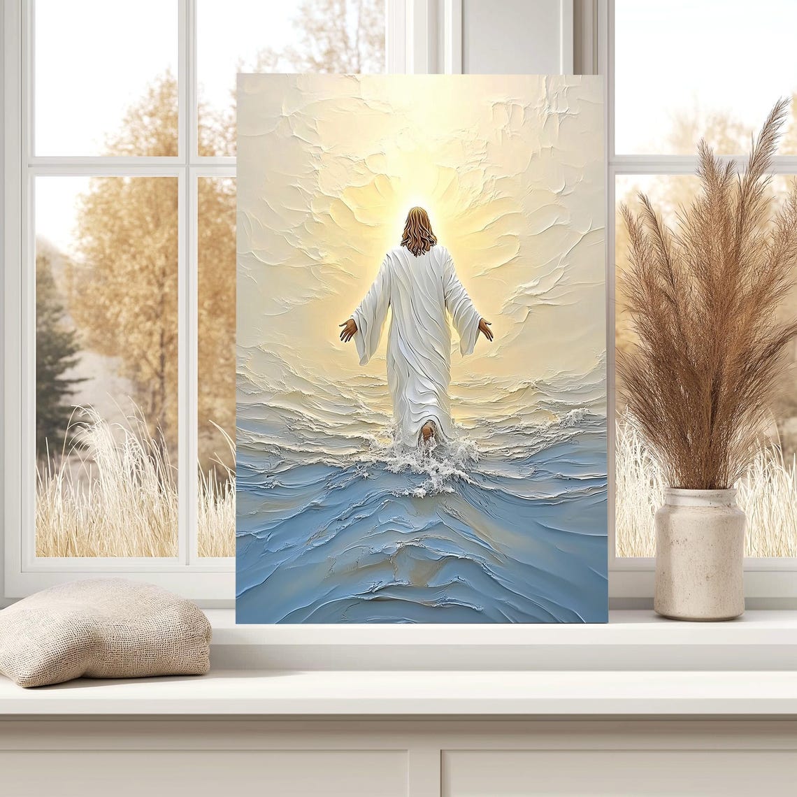Jesus Christ Walking On Water At Sunrise Reflection Painting Poster - Image 5