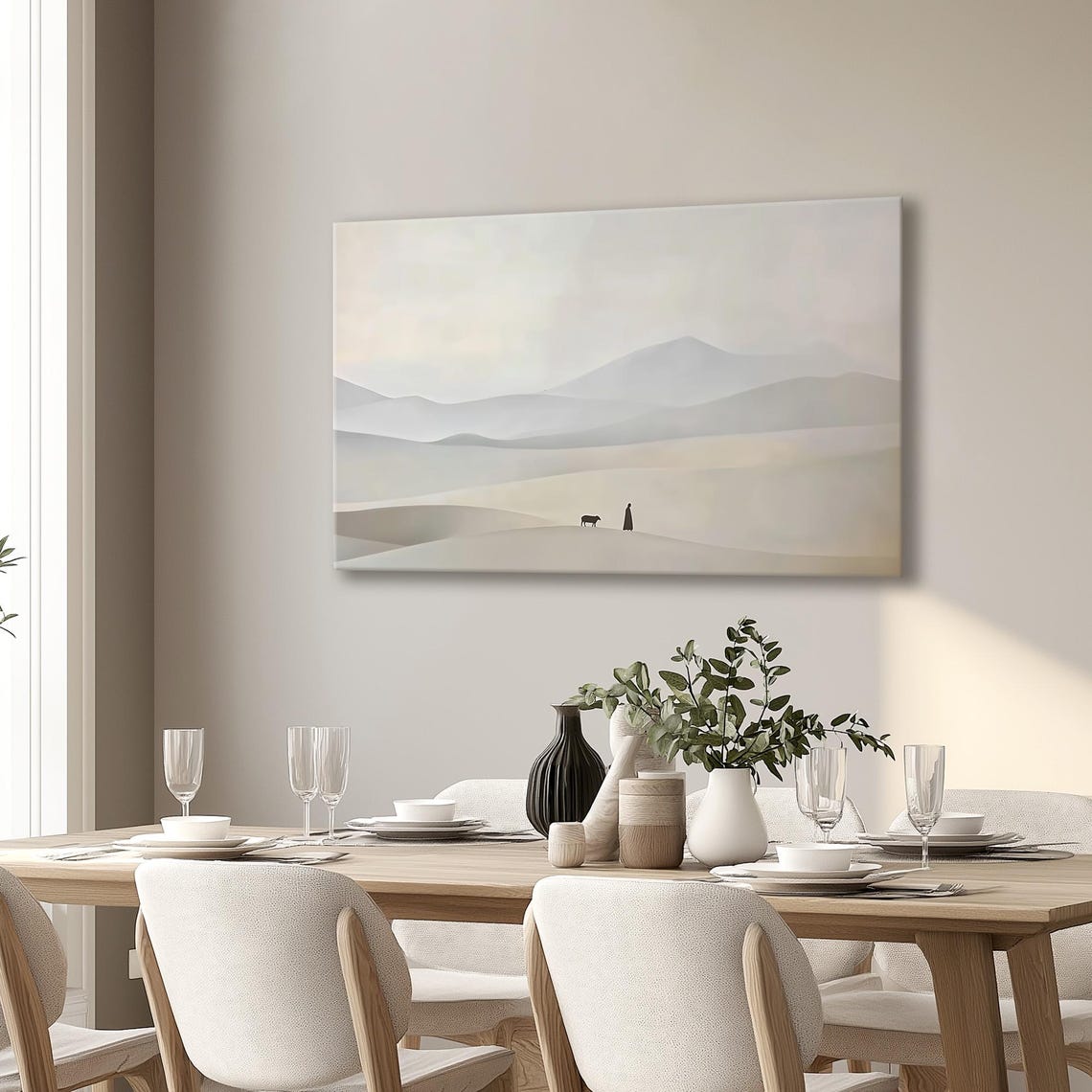 Shepherd Silhouette With Sheep On Neutral Desert Hills Poster - Image 5