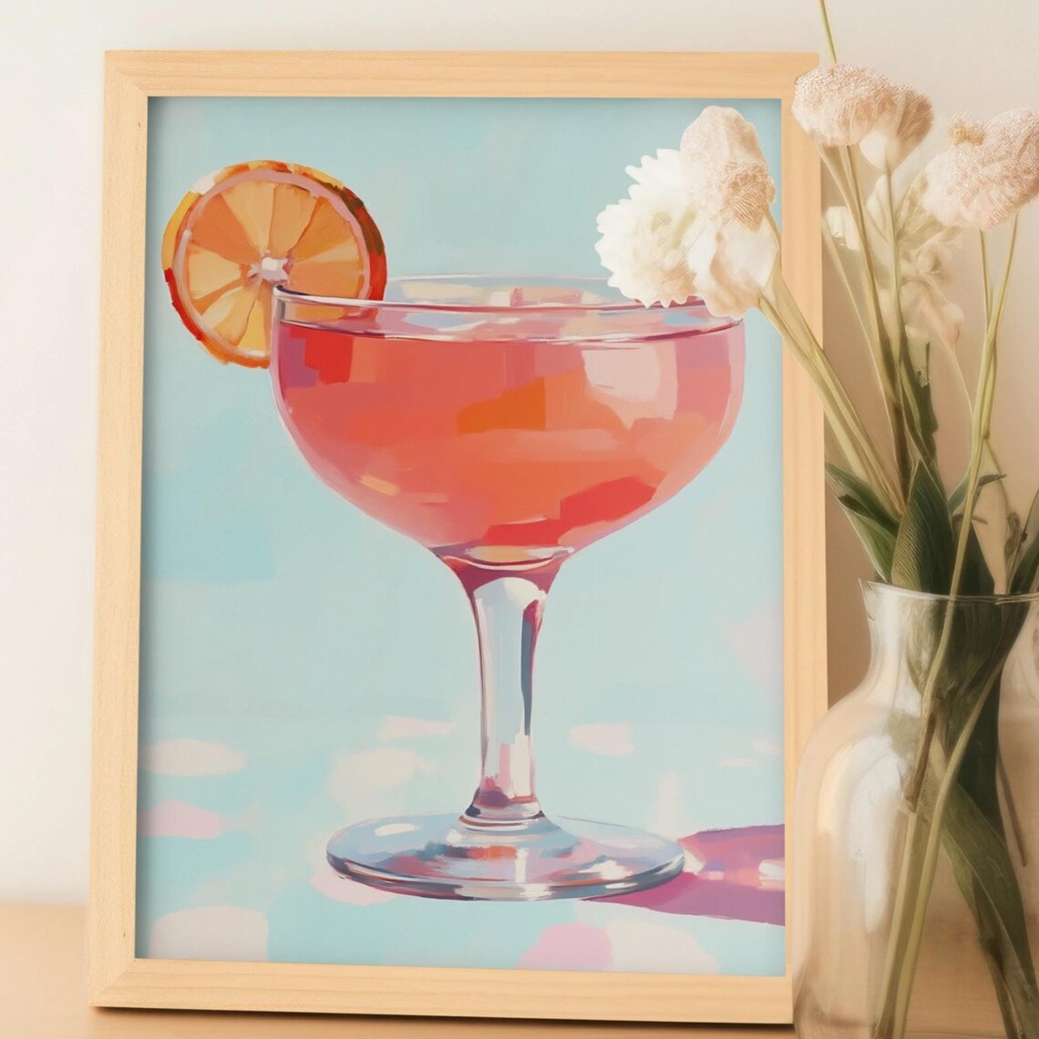 Pink Citrus Cocktail Coupe Glass On Turquoise Retro Art Poster