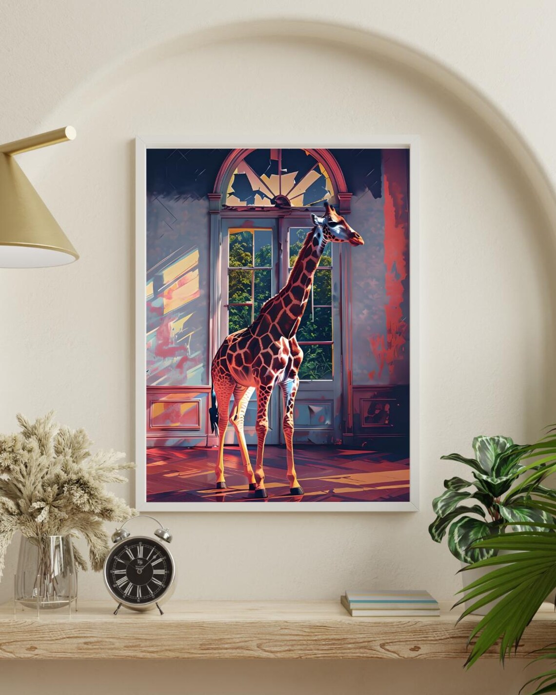 Giraffe Standing In Grand Room Surreal Wildlife Painting Bold Animal Wall Art