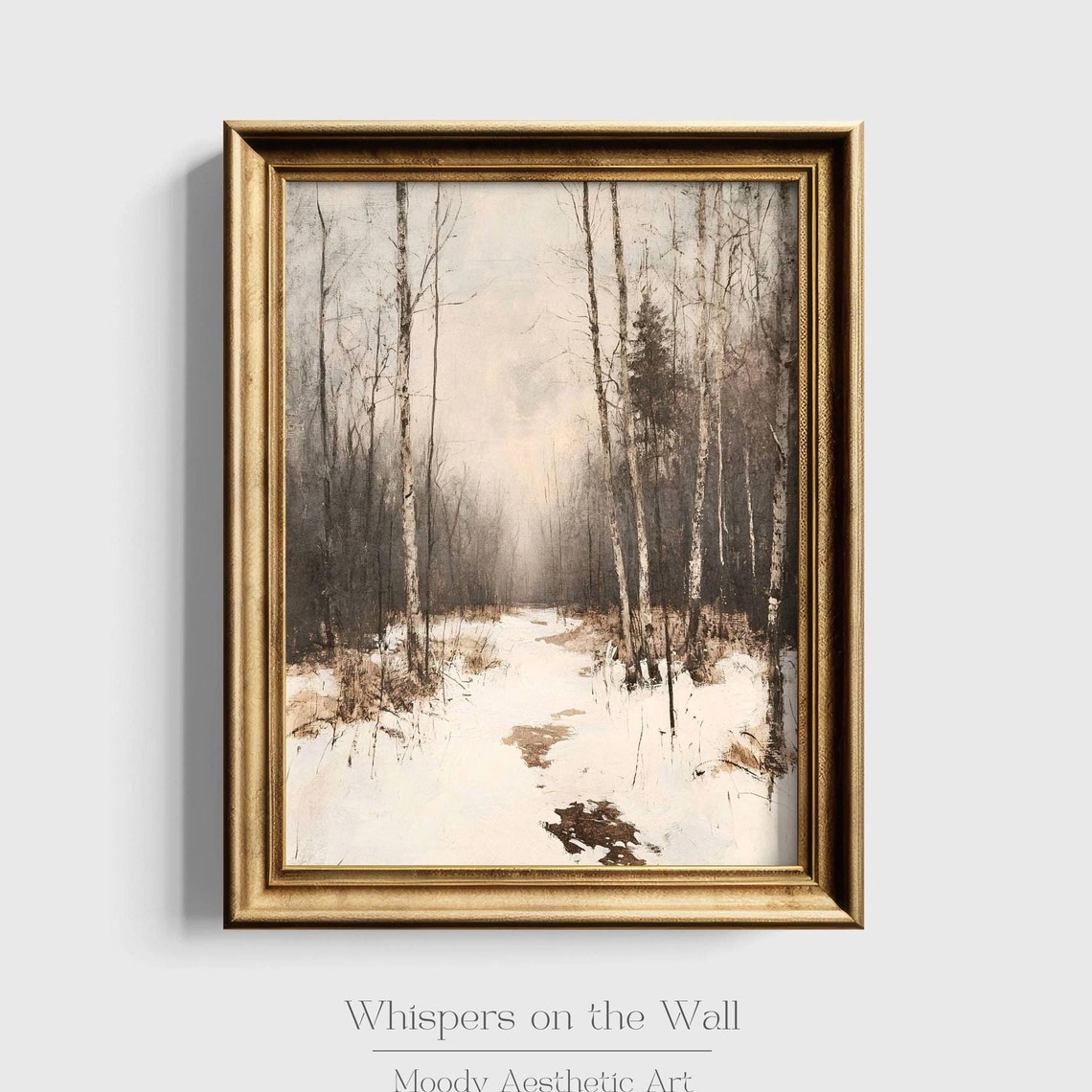 Misty Bare Birch Forest Winter Path Snow Vintage Style Poster
