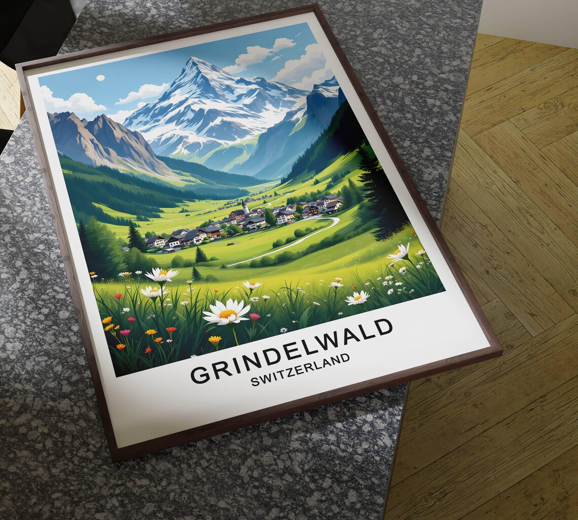 Grindelwald Switzerland Alpine Village Snow Peak Meadow Travel Poster - Image 4