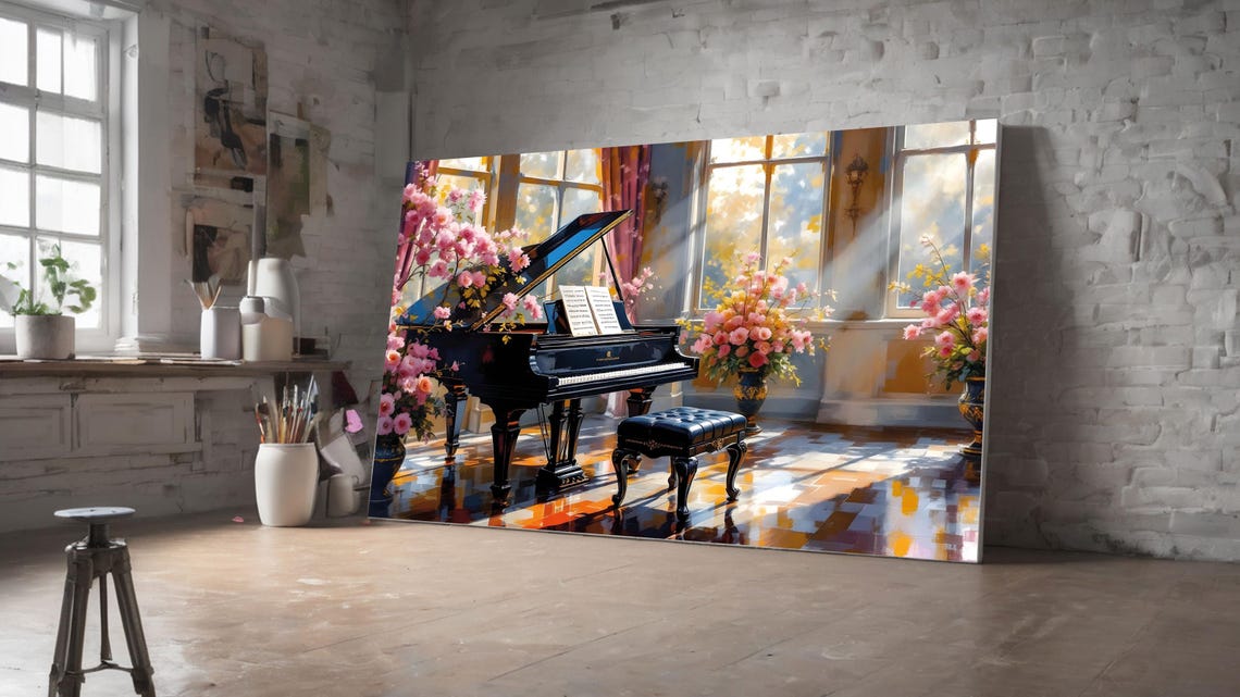 Grand Piano Pink Flowers Sunlit Music Room Elegant Wall Art Print - Image 4