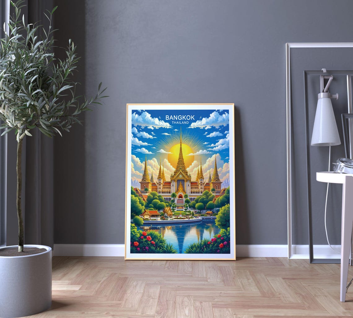 Bangkok Thailand Grand Temple Spires Lake Reflection Sunrise Poster - Image 5