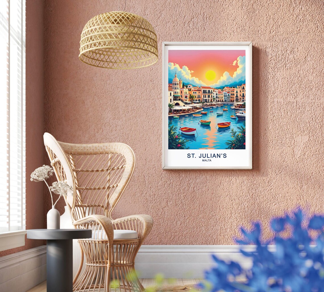 St Julians Malta Harbor Sunset Colorful Boats Waterfront Marina View Poster - Image 2