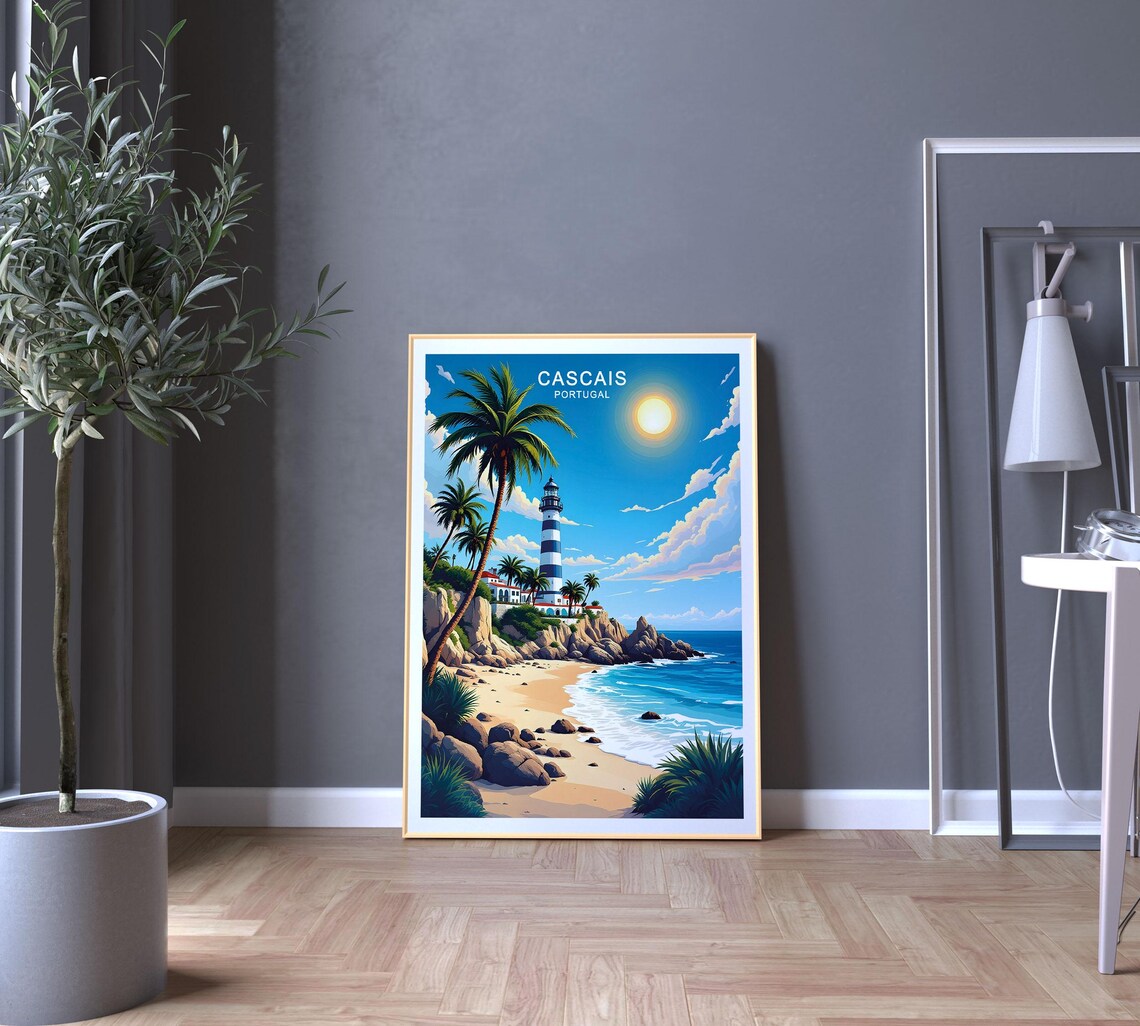 Cascais Portugal Lighthouse Rocky Beach Palm Trees Ocean Sunset View Poster - Image 5