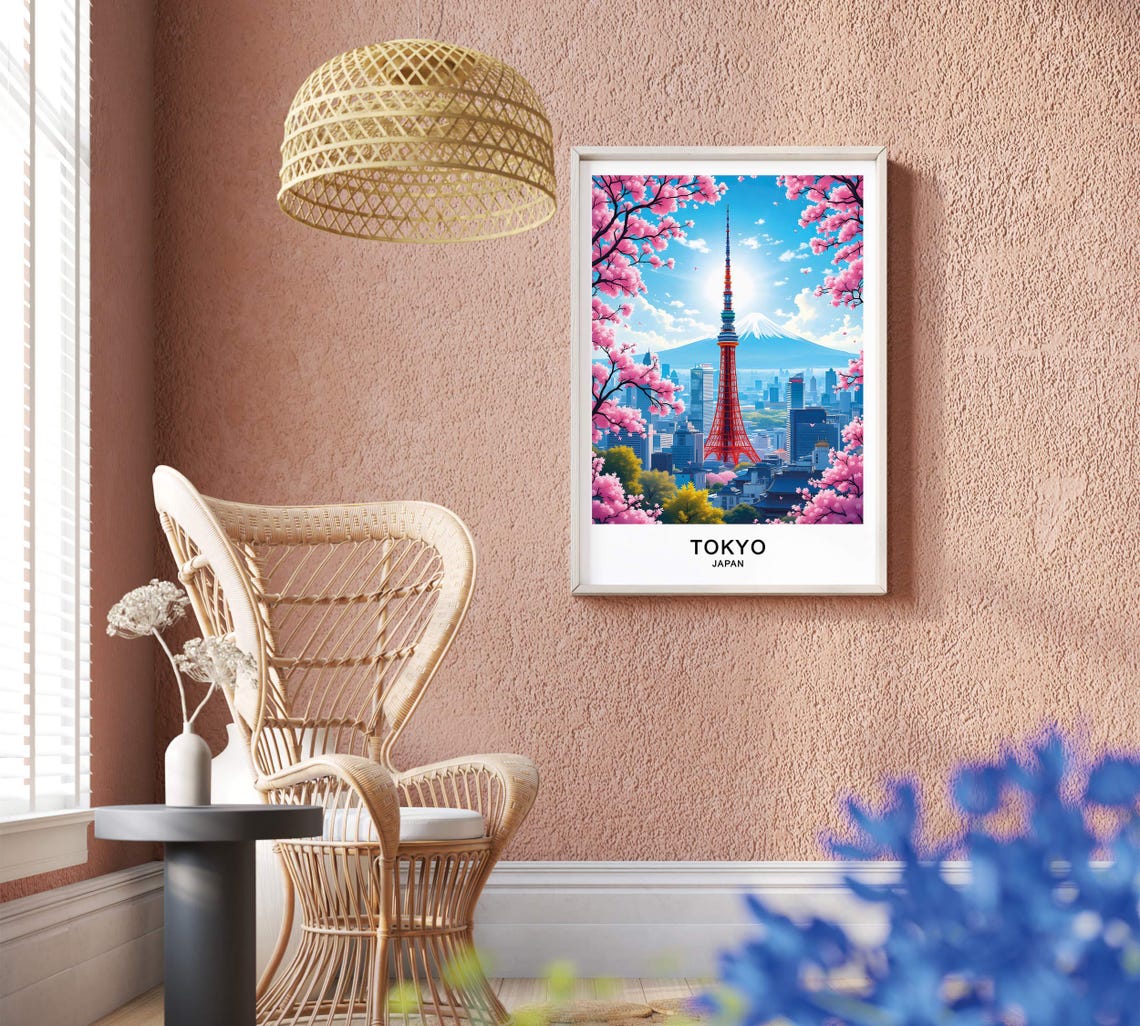 Tokyo Japan Red Tokyo Tower Mount Fuji Cherry Blossom City View Poster - Image 2