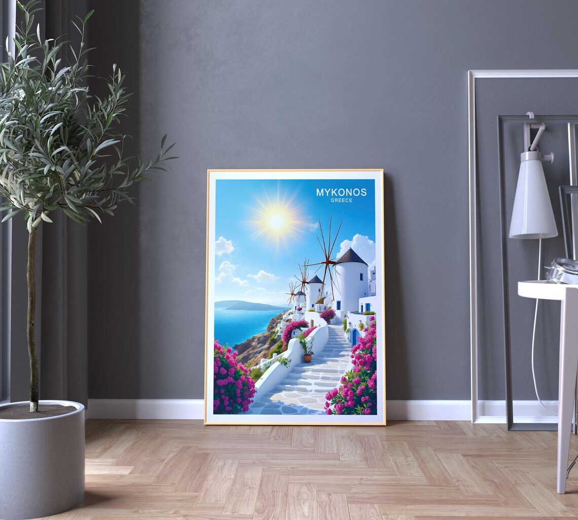 Mykonos Greece Windmills Whitewashed Alley Bougainvillea Sea Poster - Image 5