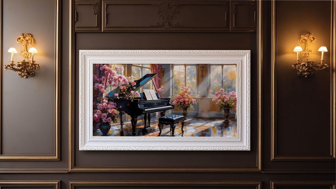Grand Piano Pink Flowers Sunlit Music Room Elegant Wall Art Print
