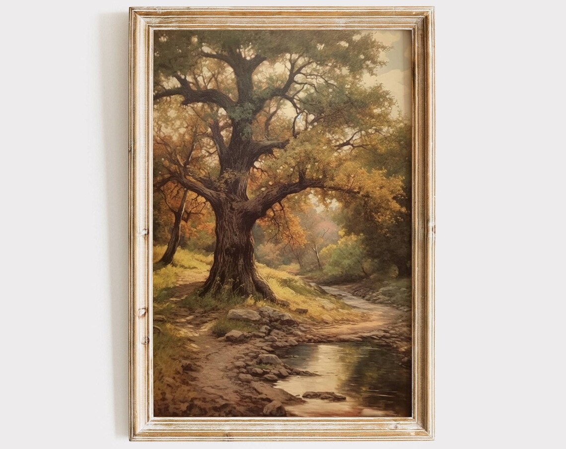 Vintage Oak Tree Stream Landscape Art Print