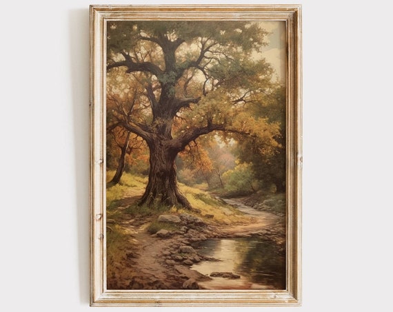 Vintage Oak Tree Stream Landscape Art Print
