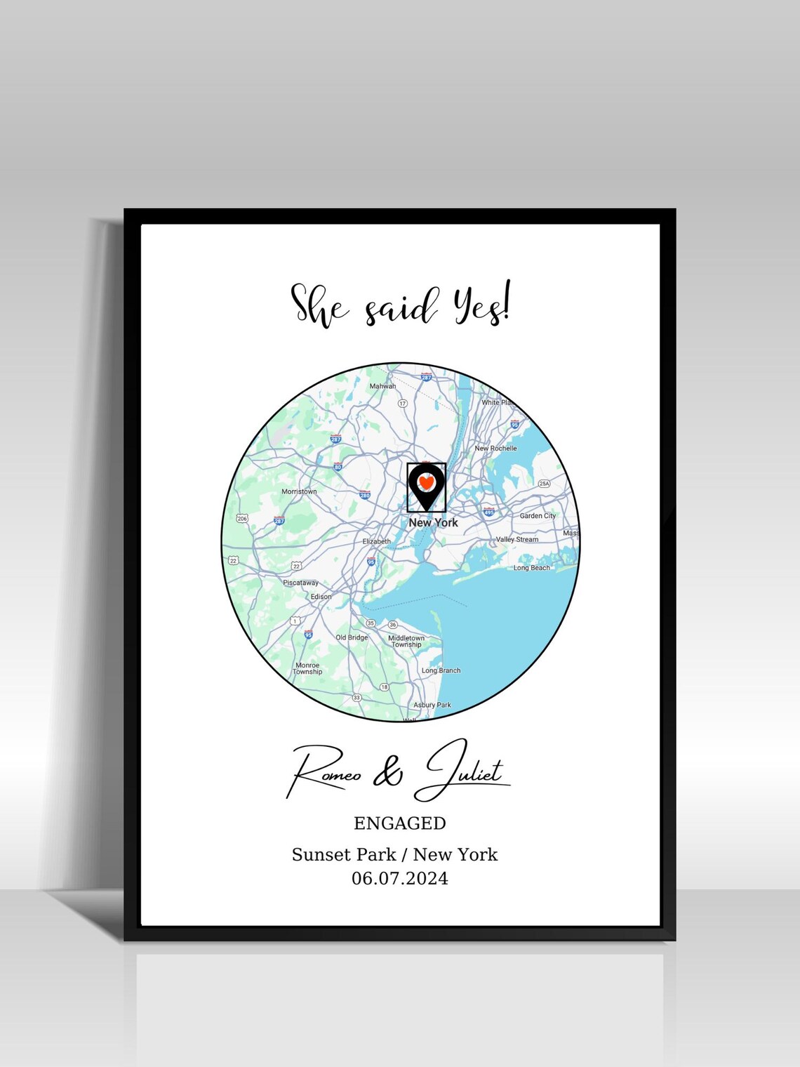 Custom Heart Map, Engagement Anniversary Couple Gift