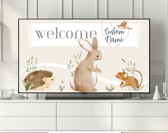 Welcome Baby Custom Frame Tv Art Nature Theme Baby Shower Host Personalized Message Woodland Animals Gender Neutral Decor