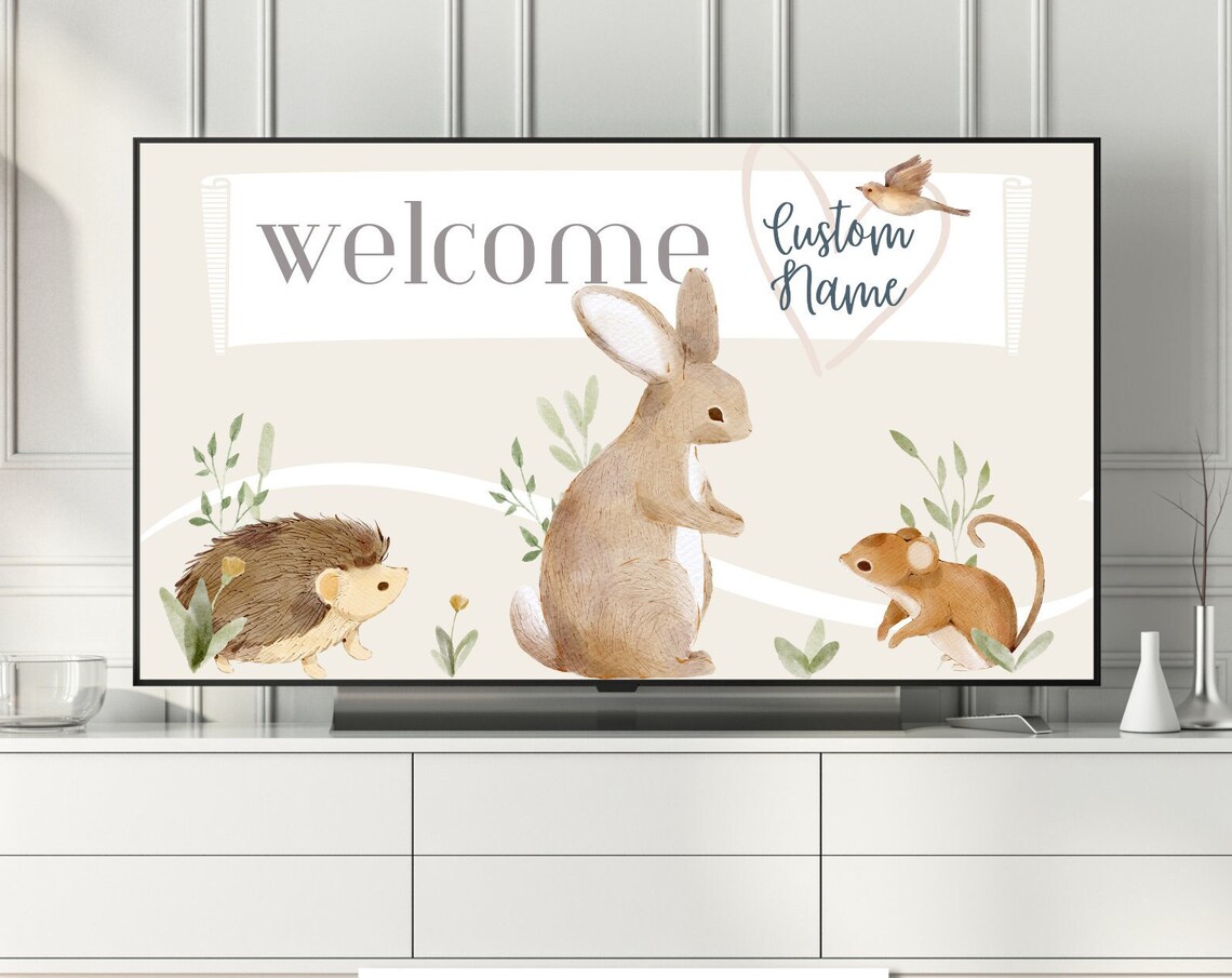 Welcome Custom Name Frame TV Art Baby Woodland Hedgehog Bunny Print