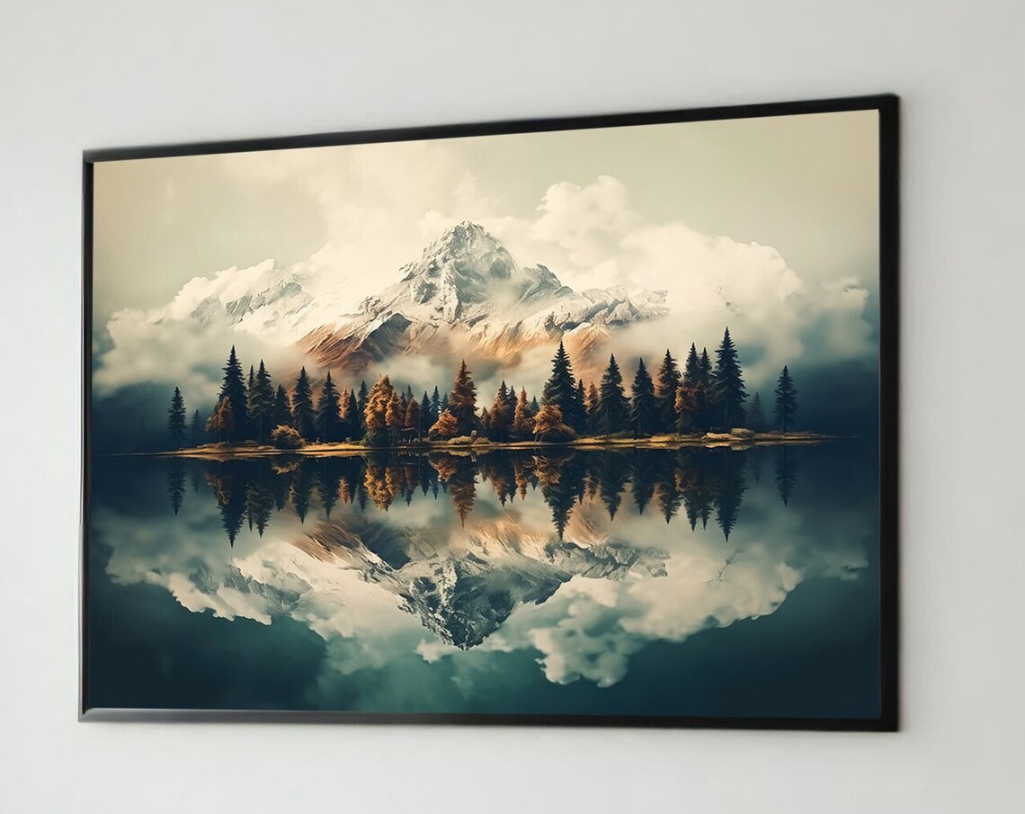 Serene Mountain Reflection, Tranquil Landscape Art Print - Image 5