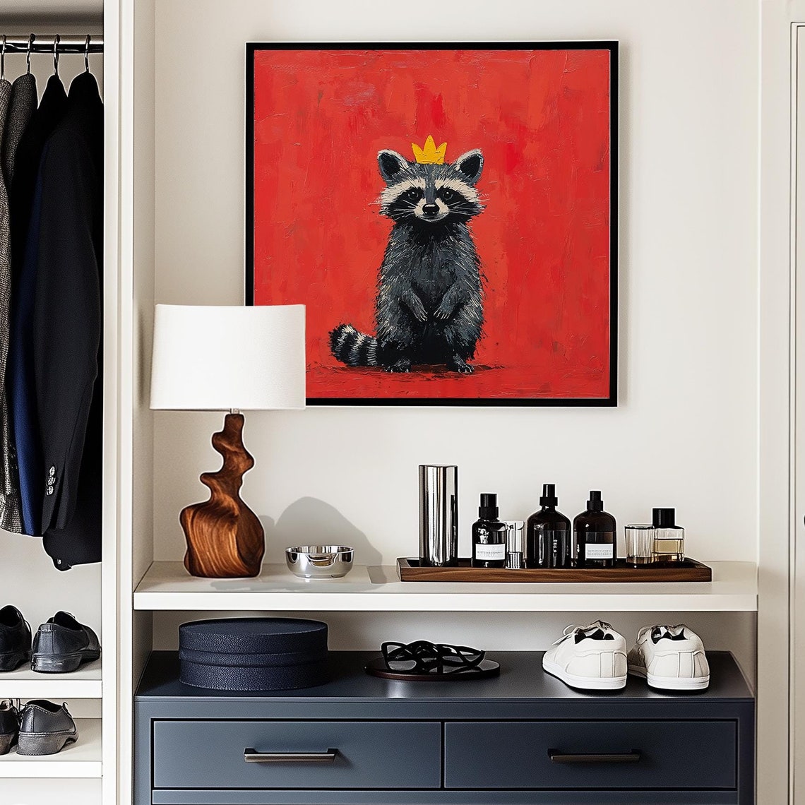 Raccoon Wearing Tiny Gold Crown on Bold Red Pop Art Background Poster - Image 5